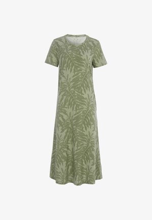 Green short-sleeve midi dress with round neckline, featuring an all-over dark green tropical leaf pattern.