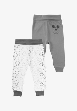 Pantaloni per bambini a tema Topolino, uno grigio con stampa grafica, l'altro bianco con motivi neri di Topolino, entrambi con cintura elastica.