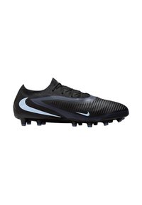 Black Nike soccer cleat with light blue swoosh logos, textured upper, and molded studs for firm ground play.