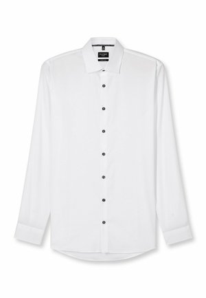 Witte blouse met lange mouwen gemaakt van gladde stof, met een klassieke kraag, zwarte knopen en knoopmanchetten. Rond afgeronde zoom.