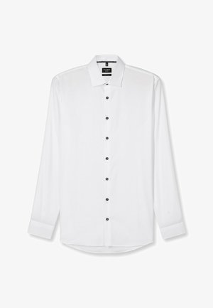 Witte blouse met lange mouwen gemaakt van gladde stof, met een klassieke kraag, zwarte knopen en knoopmanchetten. Rond afgeronde zoom.