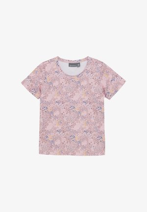 Korte mouwen roze t-shirt met een bloemenpatroon in blauw, geel en paars. Gemaakt van lichte stof, met een ronde hals.