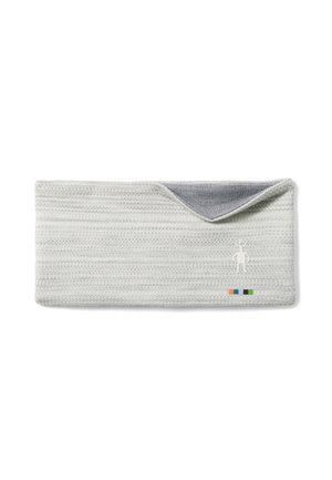 Light gray knitted headband with a textured pattern, featuring a gray lining, small colorful accents, and a simple emblem on the front.