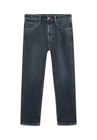 Tmavě modré džínové kalhoty s rovnými nohavicemi, pěti kapsami, zapínáním na knoflíky a jemnými švy na odolné látce.