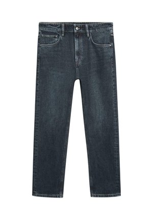 Ciemnoniebieskie dżinsy z prostymi nogawkami, pięcioma kieszeniami, zapięciem na guziki i subtelnymi przeszyciami na wytrzymałym materiale.