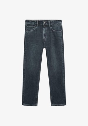 Ciemnoniebieskie dżinsy z prostymi nogawkami, pięcioma kieszeniami, zapięciem na guziki i subtelnymi przeszyciami na wytrzymałym materiale.