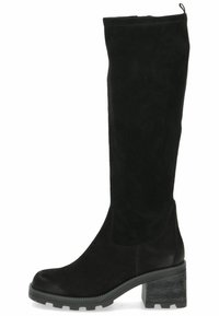 Stivali neri al ginocchio in suede con finitura texture, tacco spesso e zip laterale per una facile vestibilità. Suola in gomma solida con grip.