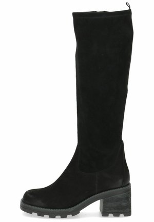Bottes noires montantes en daim avec une finition texturée, un talon épais et une fermeture éclair latérale pour faciliter l'enfilage. Semelle en caoutchouc solide avec adhérence.