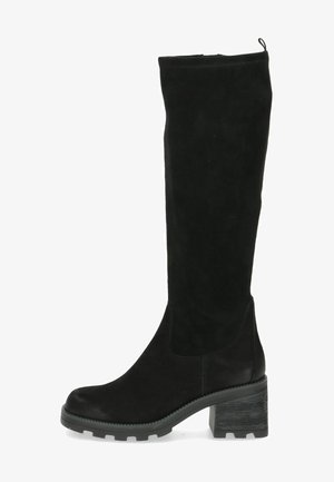 Botas negras hasta la rodilla, hechas de ante con un acabado texturizado, un tacón grueso y una cremallera lateral para un fácil uso. Suela de goma sólida con agarre.