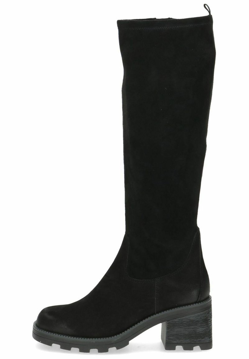 Stivali neri al ginocchio in suede con finitura texture, tacco spesso e zip laterale per una facile vestibilità. Suola in gomma solida con grip.