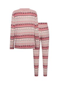 Rött och beige matchande pyjamaset med långärmad topp och tajta byxor, båda med ett geometriskt och blommigt mönster. Mjukt stickat tyg.