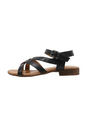 Schwarze Ledersandalen mit Kreuzriemen, verstellbarem Knöchelverschluss, flachem Absatz und einer glatten hellbraunen Sohle. Einfaches und funktionales Design.