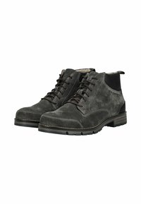 Suedes ankle boots i mørkegrå med brune snørebånd og syninger. Har polstret krave og tekstureret gummisål for bedre greb.