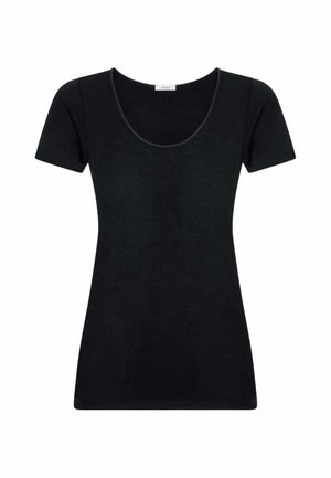 T-shirt nera aderente a maniche corte con scollo rotondo, mostrata su sfondo bianco.