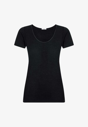 T-shirt nera aderente a maniche corte con scollo rotondo, mostrata su sfondo bianco.