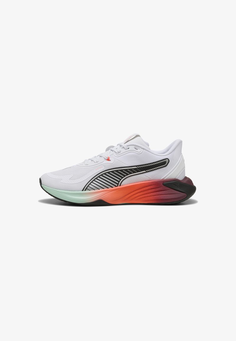 White athletic shoes with a textured upper, black stripe details, and a gradient sole transitioning from mint green to orange and black.