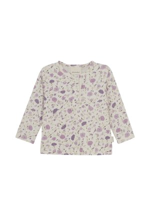 Langärmliges Hemd aus cremefarbener Baumwolle mit einem floralen Muster in Lila und Violett. Verfügt über einen runden Halsausschnitt und eine Knopfleiste.
