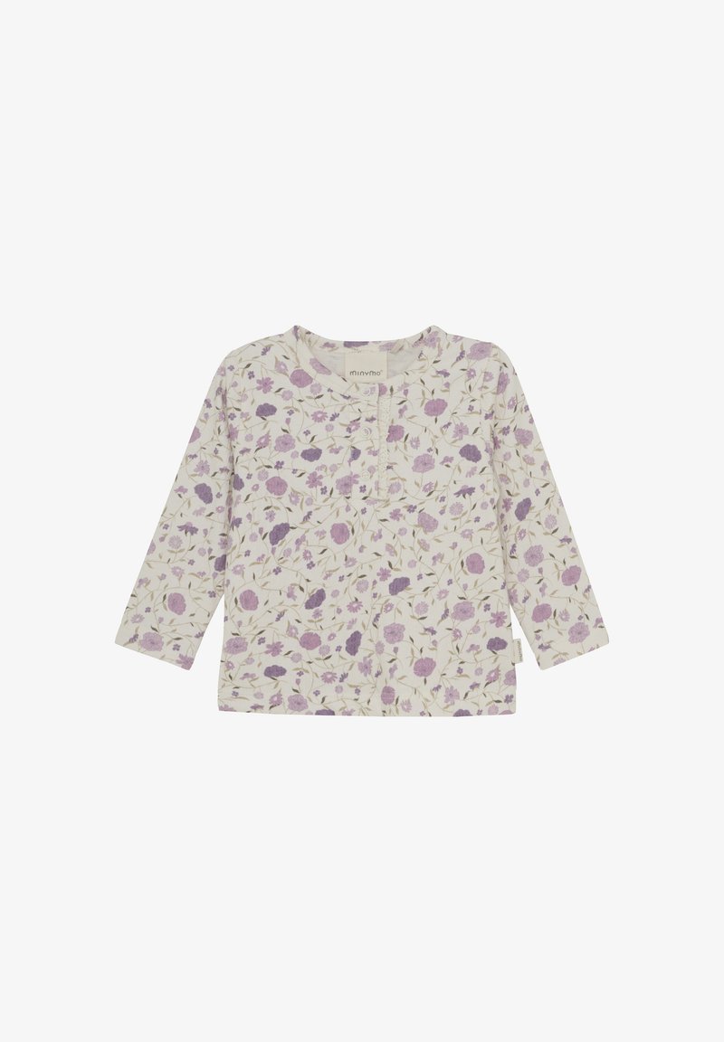 Langarmshirt van cremekleurige katoen met een bloemenpatroon in paars en violet. Voorzien van een ronde hals en knoopsluiting.