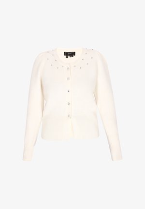 Cardigan bianco con polsini e orlo a coste, caratterizzato da dettagli di borchie color argento sulle spalle. Chiusura con bottoni, texture morbida.