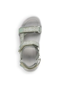 Green textured sandal featuring adjustable straps, geometric pattern, white sole, and logo detail on the side.