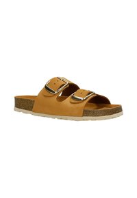 Braune Leder-Sandalen mit zwei verstellbaren silbernen Schnallen, Korkfußbett und einer strukturierten weißen Gummisohle. Offenes Zehendesign.