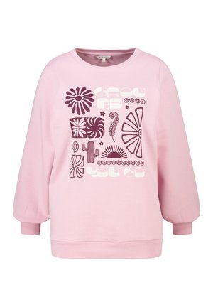 Roze sweatshirt met lange mouwen, van textuurstof, met bloemen- en abstracte patronen in donkerpaars en wit op de voorkant. Ronde halslijn.
