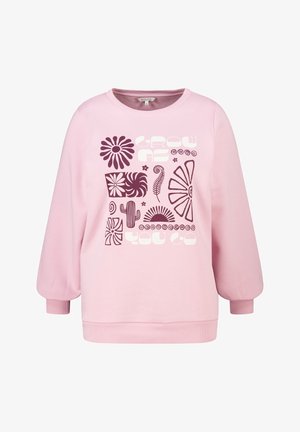 Sweatshirt rose à manches longues, en tissu texturé, avec des motifs floraux et abstraits en violet foncé et blanc sur le devant. Encolure arrondie.