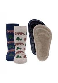 Two pairs of socks: one navy blue with a solid design, and another cream with brown bears and green trees. Includes two insoles with textured surfaces.