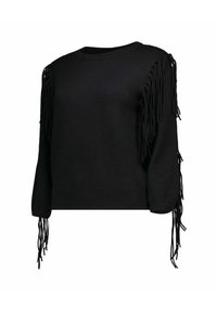 Maglione nero a maglia con dettagli di frange lunghe sulle maniche, scollo rotondo e orlo a costine. Morbido al tatto e vestibilità ampia.