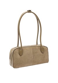 Beżowa zamszowa torebka o prostokątnym kształcie, z dwoma wydłużonymi uchwytami i ozdobnym przeszyciem. Torebka posiada zamek błyskawiczny.