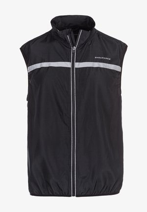 Sort ærmeløs vest med høj krave, frontlynlås og reflekterende vandrette striber. Fremstillet af letvægts, glat materiale.