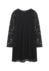 Schwarzes Spitzenkleid mit langen Ärmeln, rundem Ausschnitt und fließender Silhouette, das durchgehend mit filigranen Blumenmustern verziert ist.