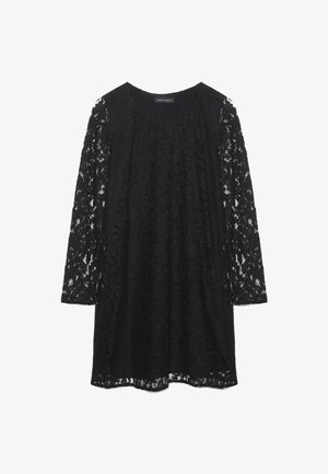 Schwarzes Spitzenkleid mit langen Ärmeln, rundem Ausschnitt und fließender Silhouette, das durchgehend mit filigranen Blumenmustern verziert ist.