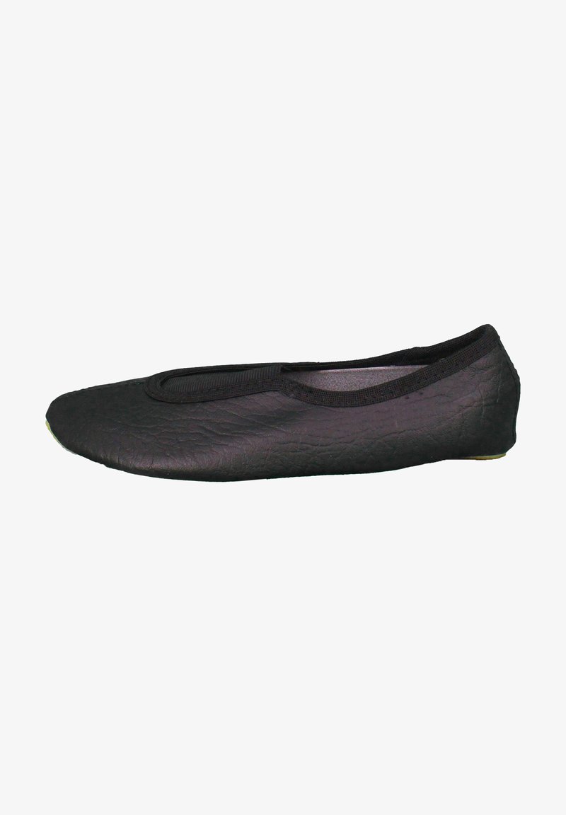 Schwarze Leder-Ballerinas mit runder Zehenpartie und elastischem Einstieg. Strukturierten Oberfläche, im Slip-On-Design und minimalistischen Stil.