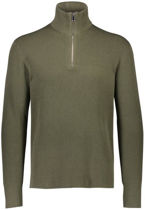 Olijfgroene geribde gebreide pullover met een hoge kraag en een kwart-ritssluiting. Voorzien van lange mouwen en een gestructureerde afwerking.