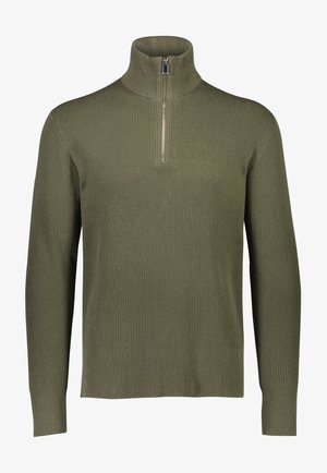 Oliven grønn stripete strikkegenser med høy krage og kvart-lukk. Har lange ermer og en teksturert overflate.