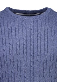 Grobstrickpullover aus weichem, hellblauem Stoff. Verfügt über einen gerippten Rundhalsausschnitt und ein strukturiertes Muster mit vertikalen Kabeln.