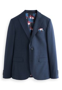 Marineblauwe blazer met een geruit patroon, sluiting met één knop en afgeronde revers. Beschikt over een kleurrijke geometrische print aan de binnenkant en een pochette.