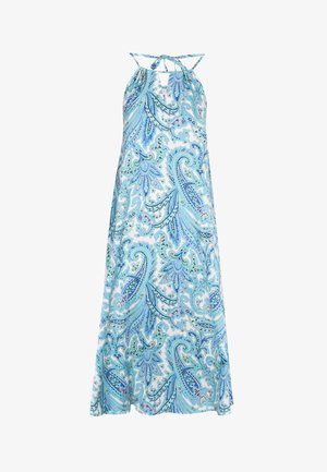 Langes Neckholder-Kleid mit einem blau-grünen Paisley-Muster auf weißem Hintergrund. Hergestellt aus leichtem Stoff mit einer fließenden Silhouette.