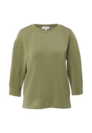 Długorękawowa bluzka w oliwkowo-zielonym kolorze z okrągłym dekoltem, miękką teksturą i luźnym krojem. Charakteryzuje się subtelnymi przeszyciami i luźną sylwetką.