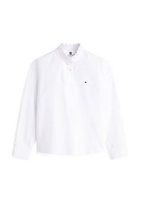 Bílá blůza s dlouhým rukávem, s řaseným vysokým límcem, knoflíkovou légou a malým logem Tommy Hilfiger na levé straně hrudi.