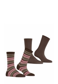 Zwei Paar Socken: ein einfarbiges dunkelbraunes Paar und ein mehrfarbiges Paar mit horizontalen Streifen in Pink, Braun und Beige. Aus Baumwollmaterial.