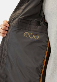 Vandafvisende mørkegrå jakke indvendig, med tre orange ikoner der angiver egenskaber: vandafvisende, vindafvisende og dunfri.