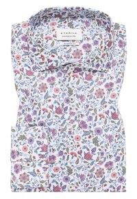 Witte button-up shirt met een bloemmotief in roze, blauw en groen. Gemaakt van katoen met een moderne pasvorm en een opgestroopte kraag.