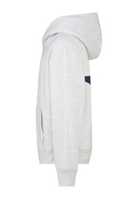 Lichtgrijze hoodie met een voorzak, ribgebreide manchetten en een capuchon met trekkoord, voorzien van een contrasterend marineblauwe accent op de mouw.