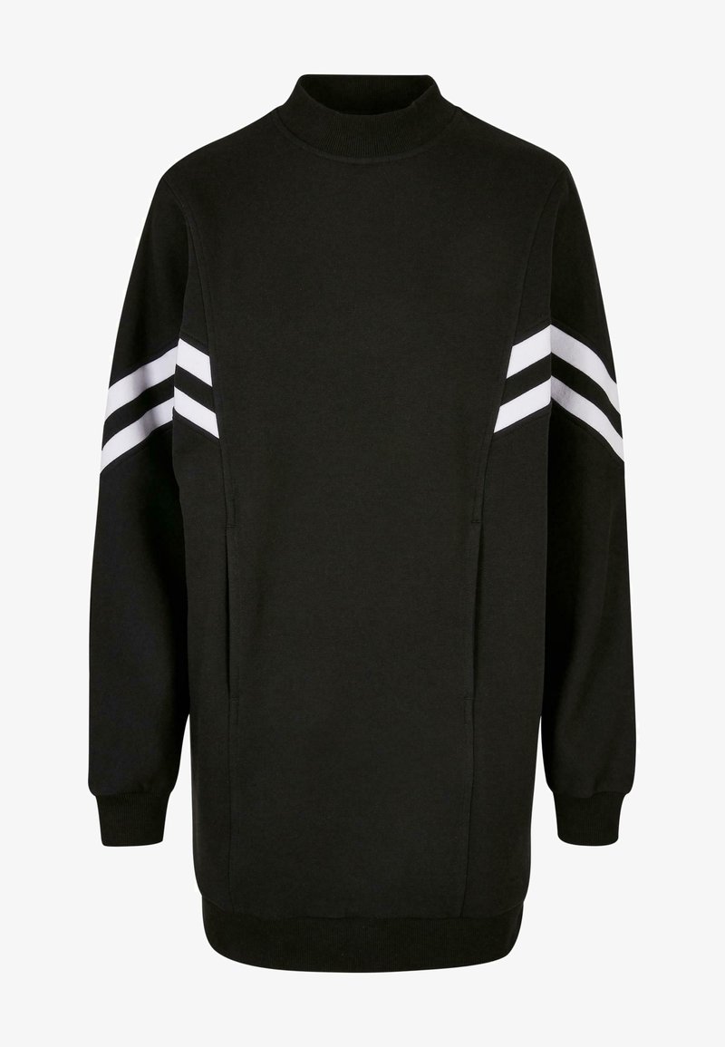 Sweat-shirt noir à manches longues avec col montant et deux bandes blanches inclinées sur chaque manche haute, poignets et ourlet côtelés.