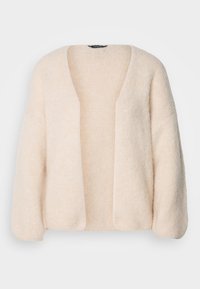 Světle béžový cardigan s volným střihem, který má hluboký V-výstřih a otevřený přední design. Měkká textura je viditelná v pletenině.