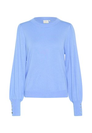 Light blue pullover sweater made of knit fabric. Features a round neckline, long balloon sleeves, and button detailing on the cuffs.