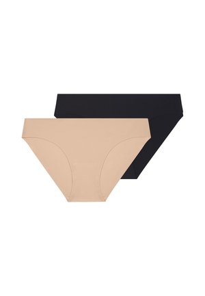 Two women's hipster underwear in beige and black, laid flat on a white background.