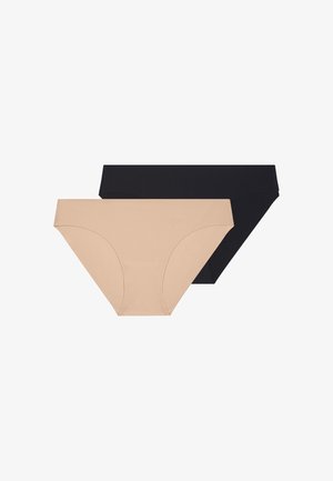 Two women's hipster underwear in beige and black, laid flat on a white background.